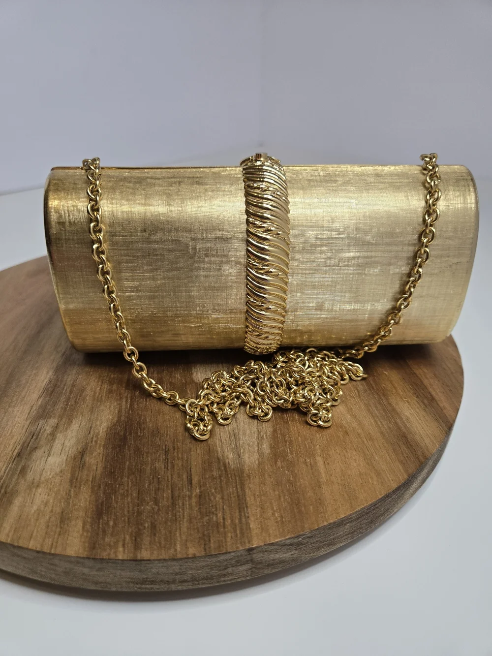 Rodo Gold Metallic Cylinder Clutch with Chain